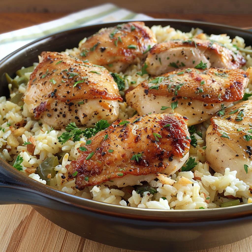 Poulet sur un riz à l'ail et au parmesan 